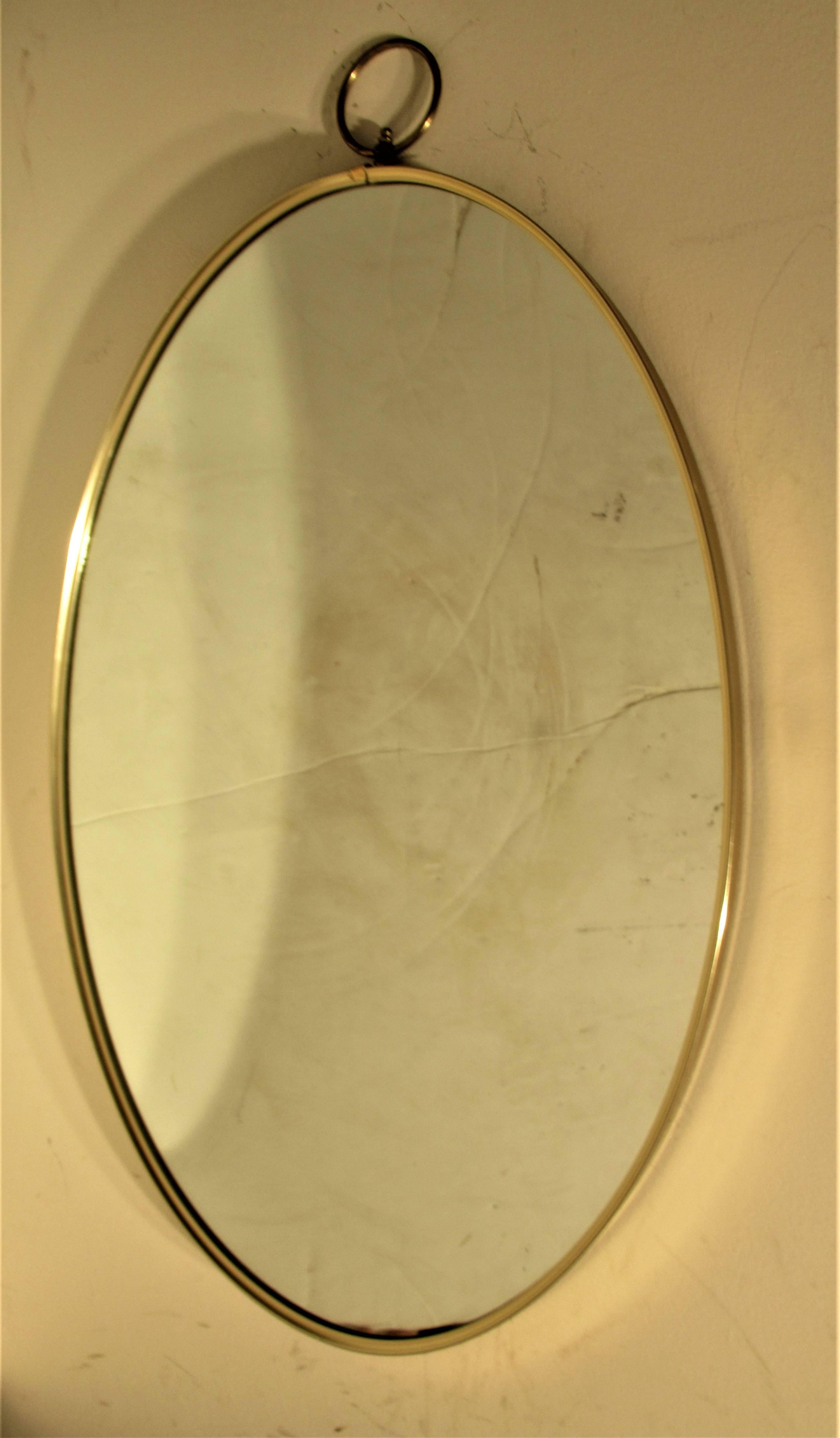 20th Century Classic Oval Brass Mirror with Ring Finial