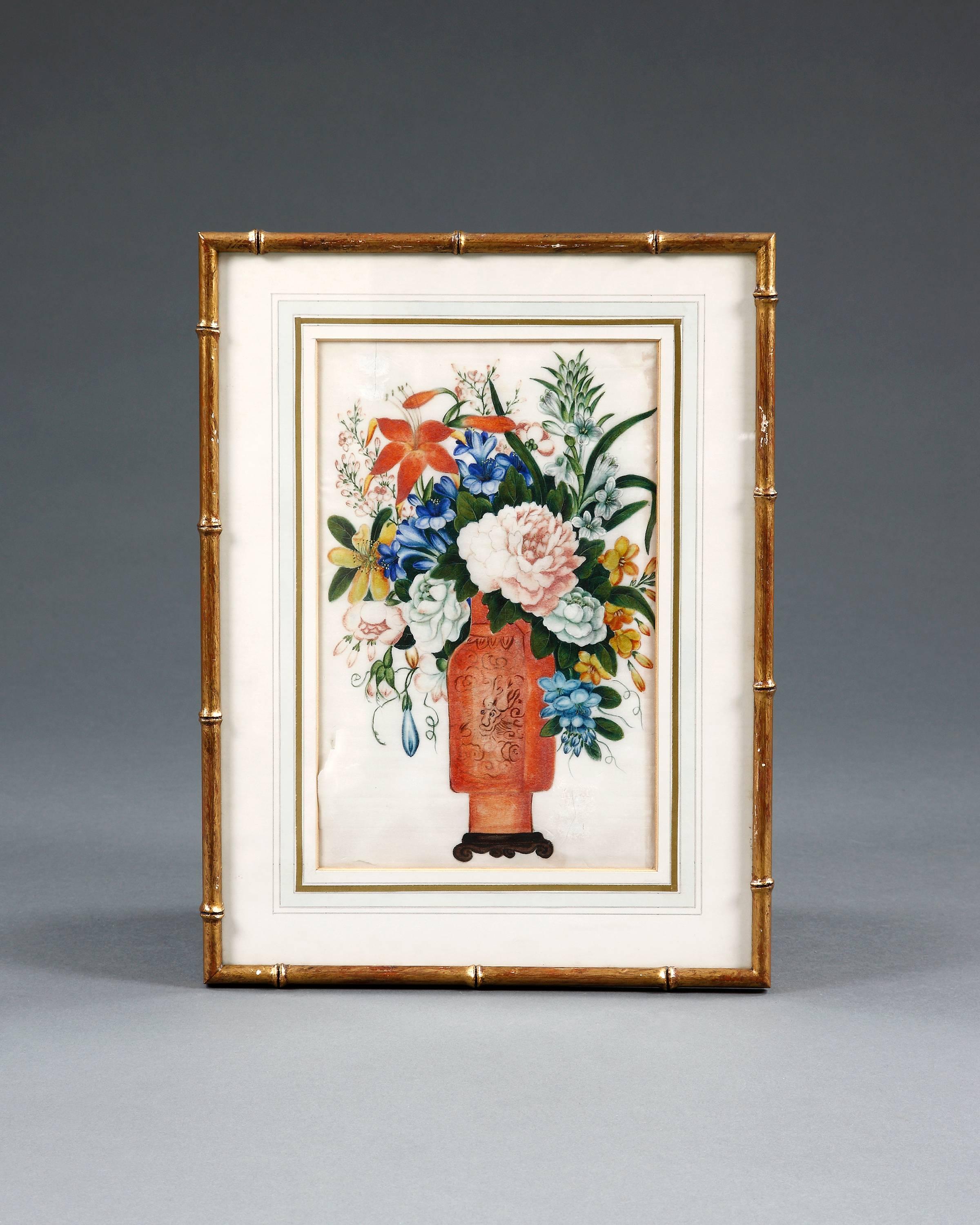 China trade. Set of four watercolors, botanical studies on pith paper. The whole is finely executed in watercolor. Held in later simulated gilt-bamboo frames, Chinese, circa 1810.