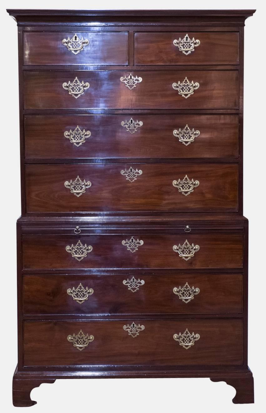 A good George III mahogany chest on chest with brushing slide on original bracket feet with replacement handles, circa 1780.
