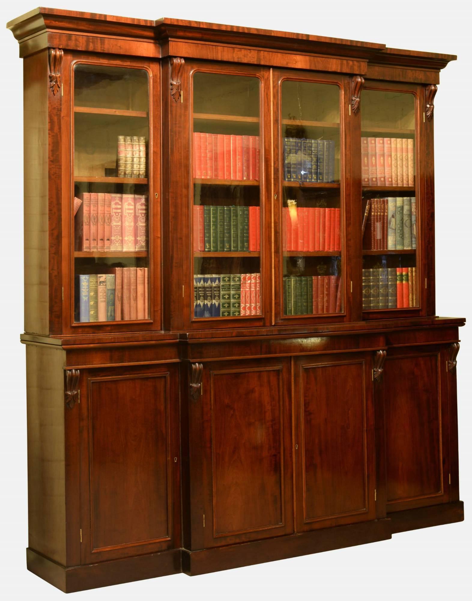 A substantial Victorian mahogany breakfront bookcase with well figured veneers, circa 1870.