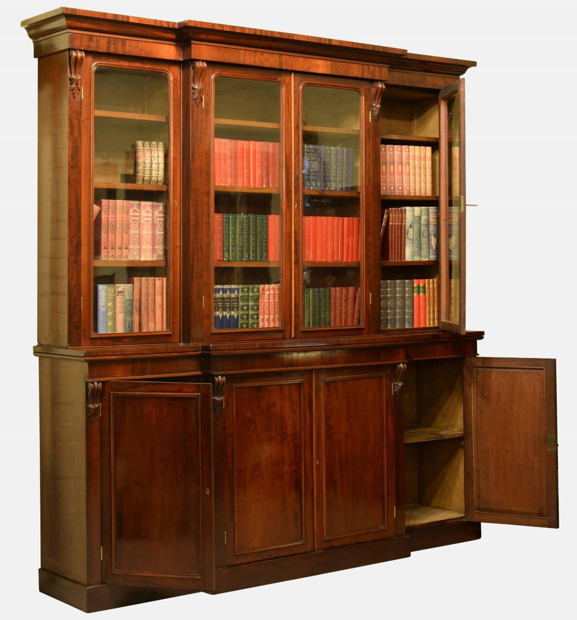 English Victorian Mahogany Four-Door Breakfront Bookcase