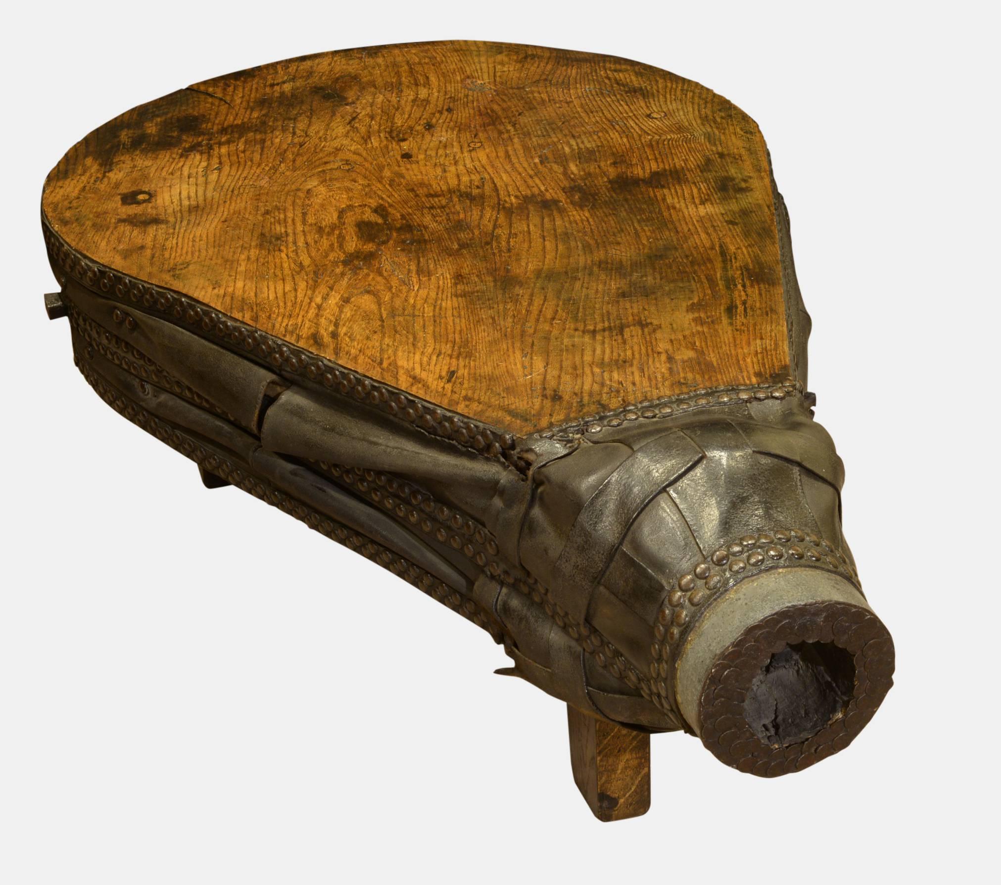 Victorian elm bellows with original leather trim. Later addition of legs to convert to coffee table.