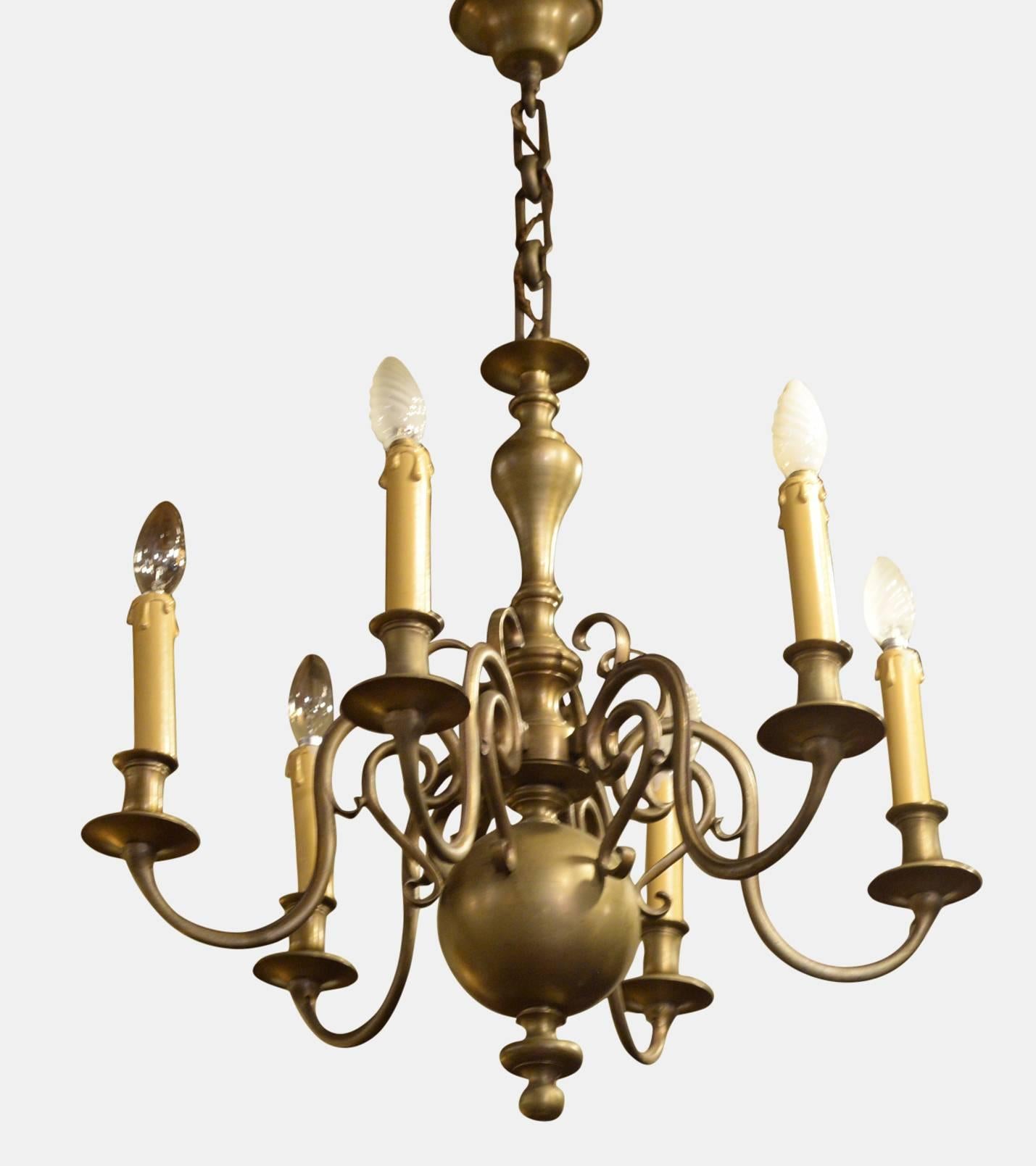 A heavy quality Dutch brass six branch chandelier,

circa 1920.