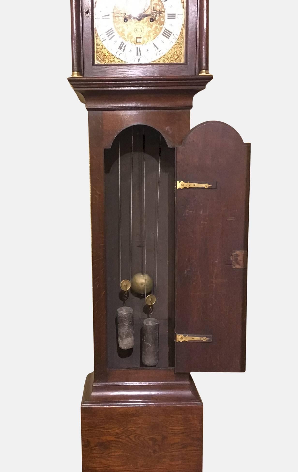 18th Century North Country Brass Dial Oak Longcase Clock For Sale