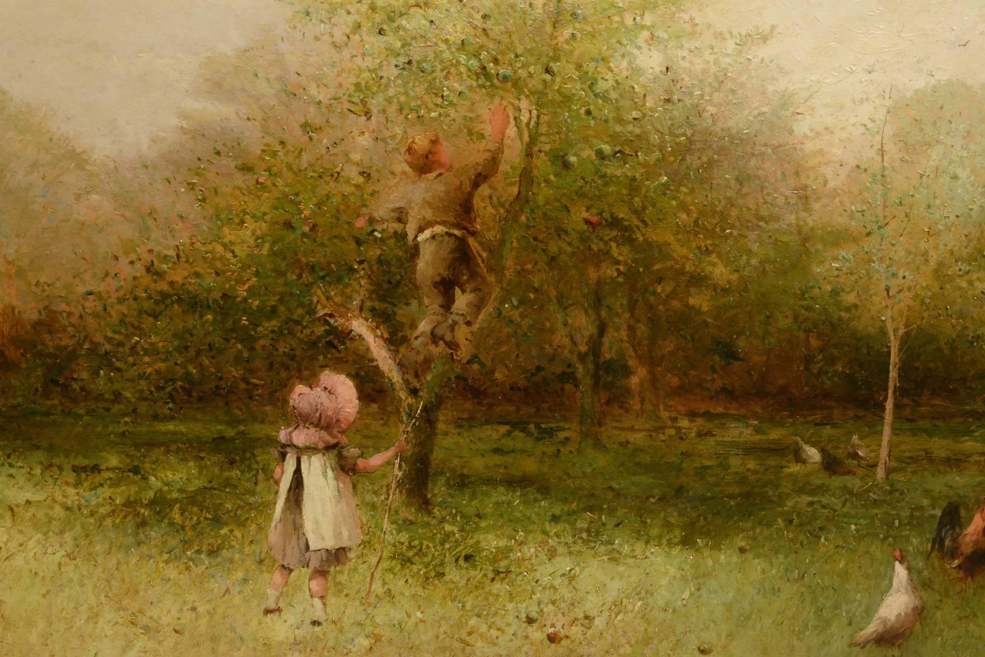 An oil on board of children scrambling in a Devon orchard by Thomas Dingle Jnr. (signed).

The Devon landscape painter painted exhibited at Sussex 1879 - 1889.