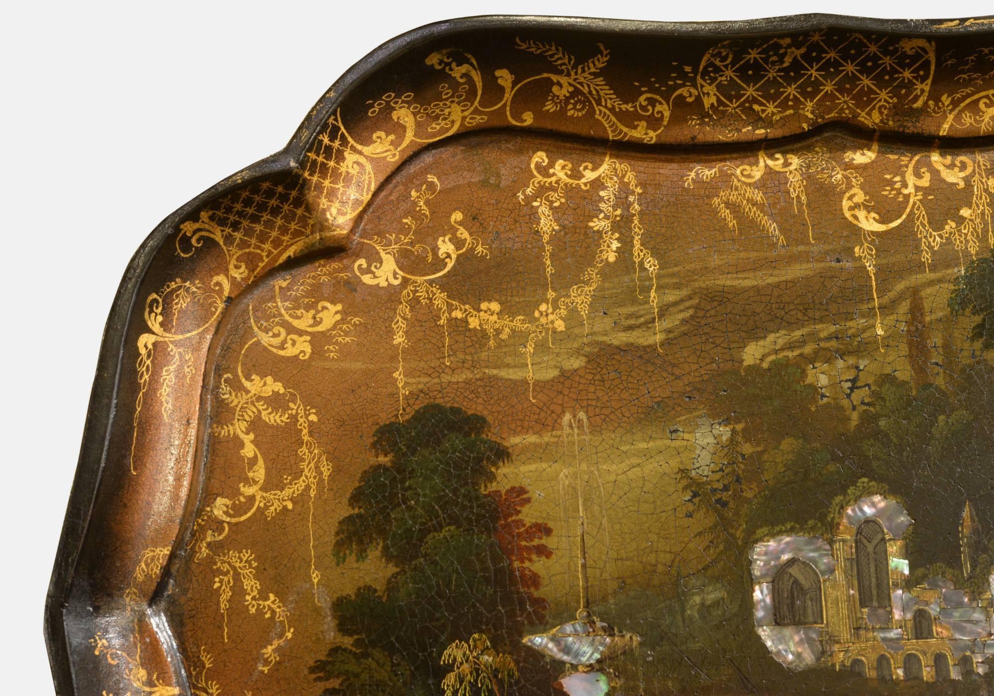 Mid-19th century papier mâché card tray with ruined abbey in MOP.

English circa 1840-1860.