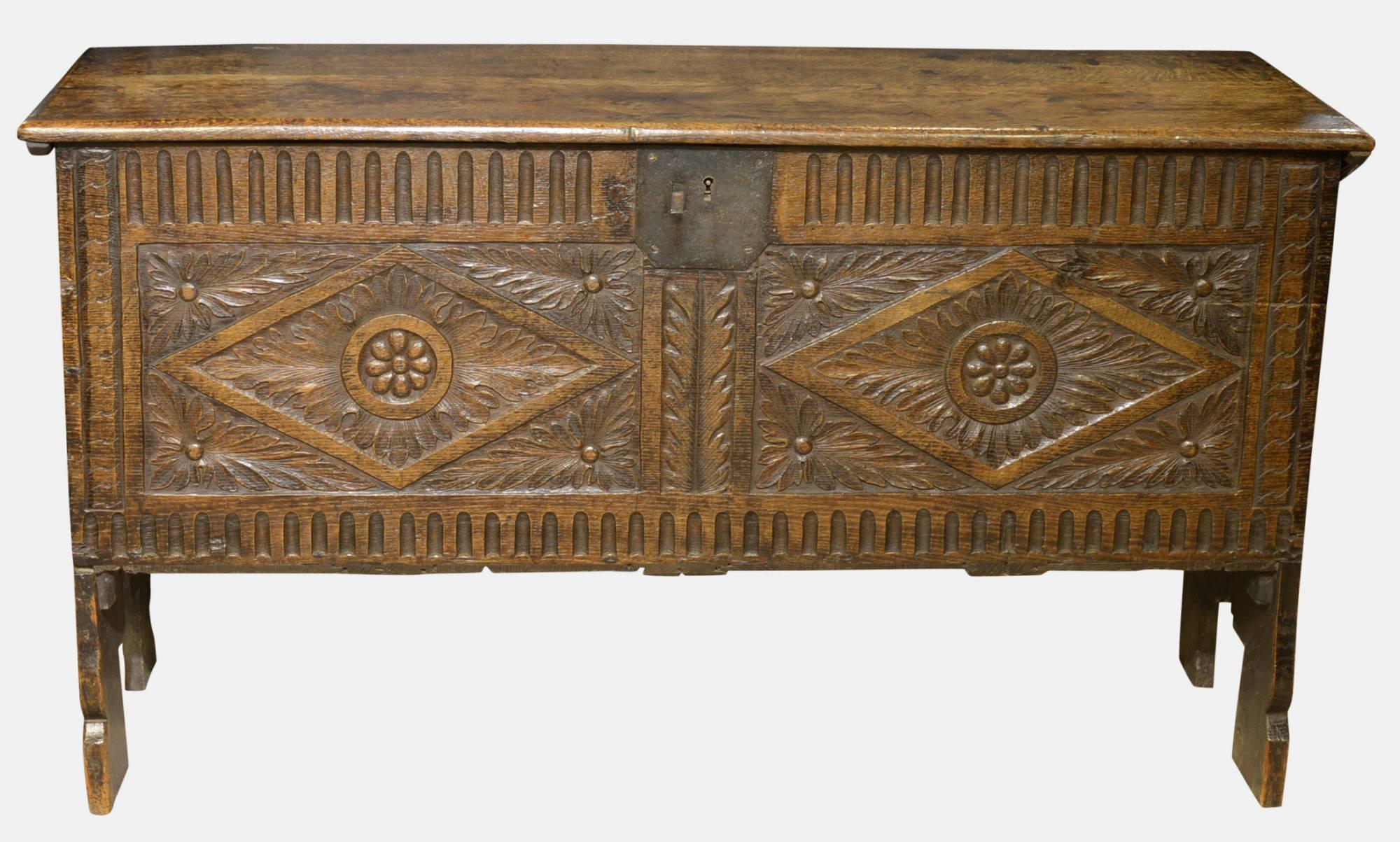 17th Century Oak Carved Six Plank Coffer In Excellent Condition In Salisbury, GB