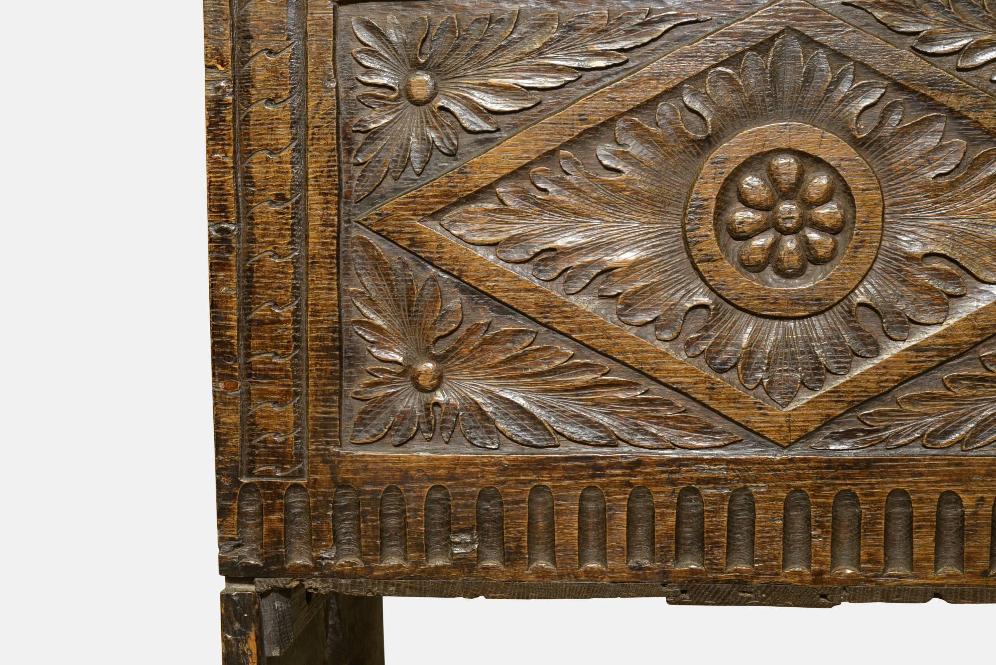 18th Century 17th Century Oak Carved Six Plank Coffer