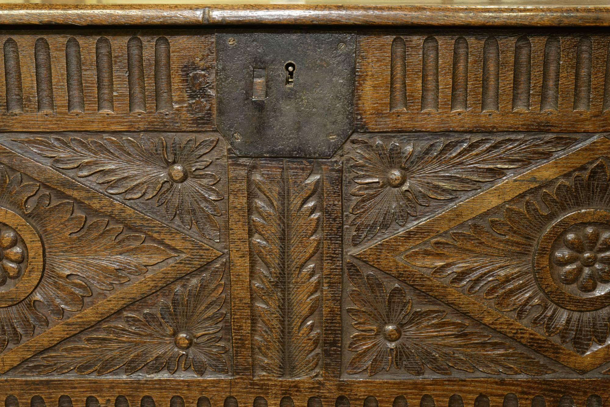 17th Century Oak Carved Six Plank Coffer 1