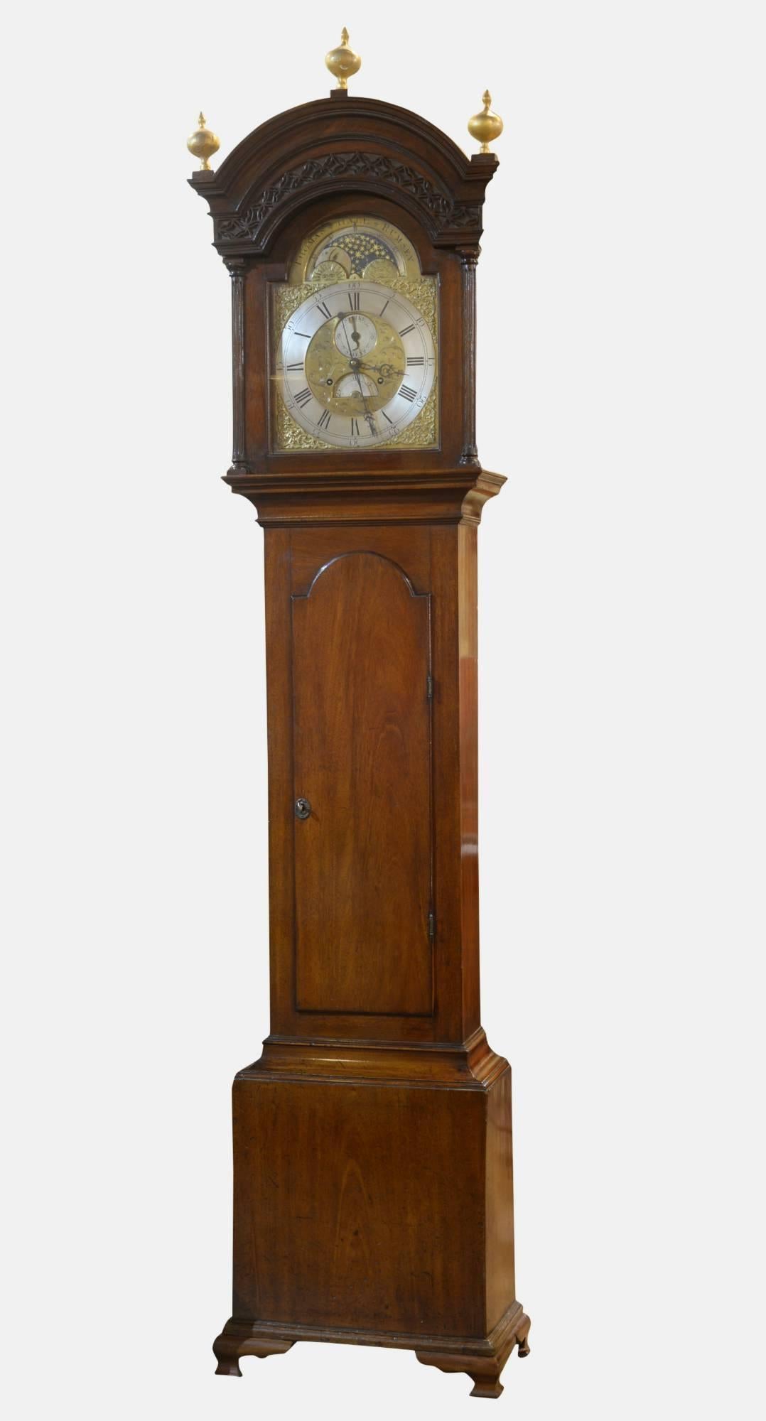 An 18th century mahogany 8 day longcase clock by Thomas Hall of Romsey. Strike/silent feature, moon phase and centre seconds hand.