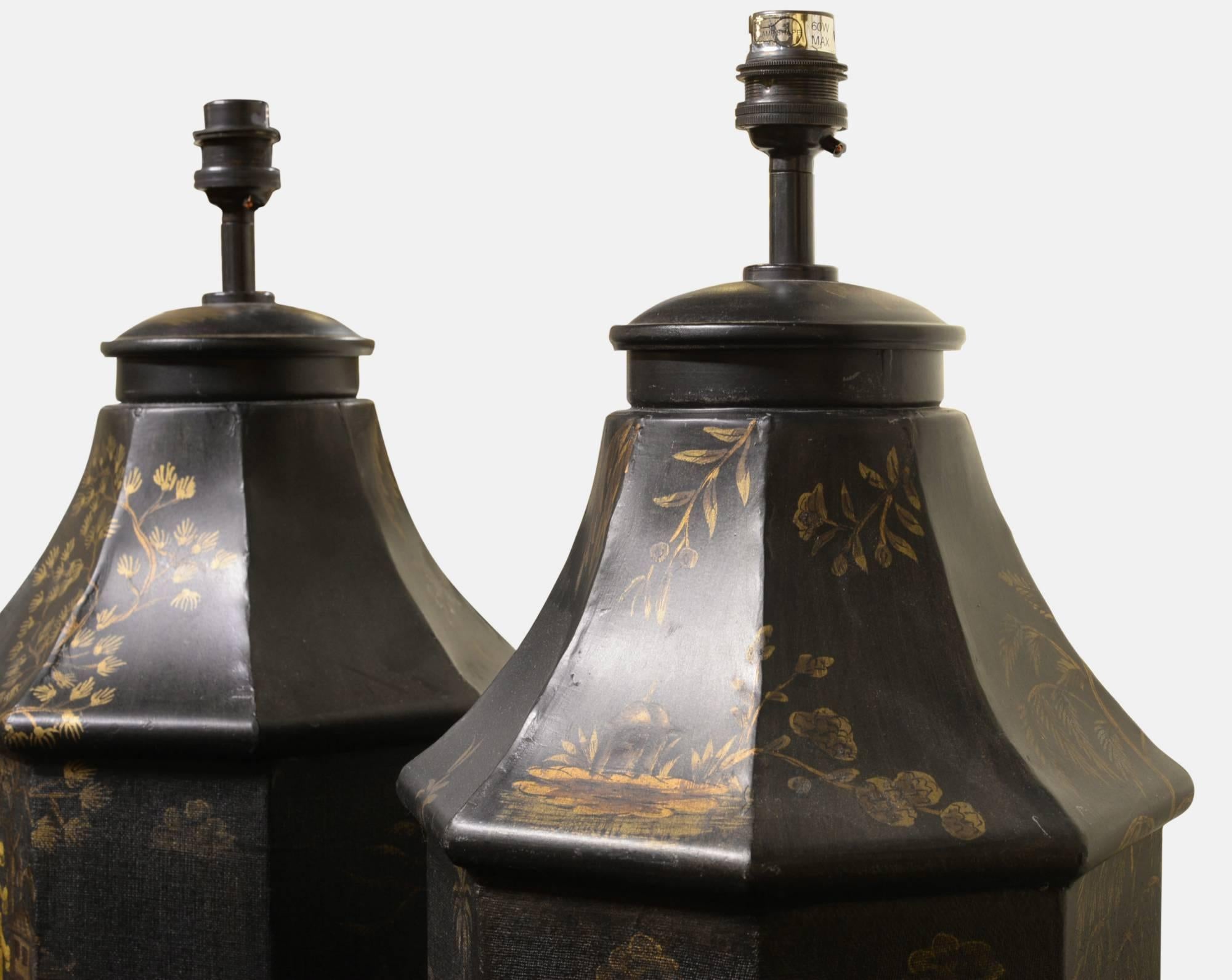 A pair of 20th century tole tea cannister style table lamps.