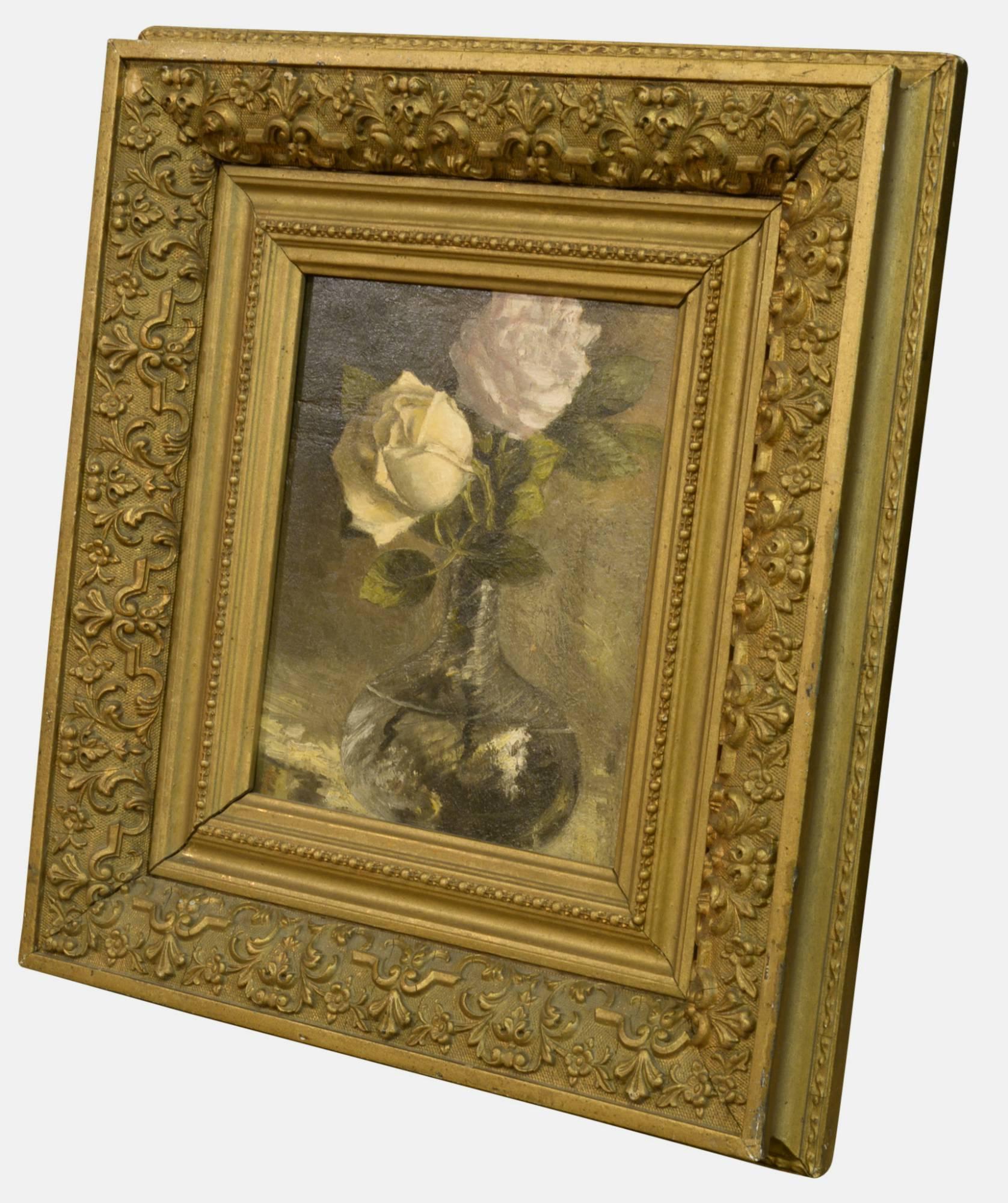 Oil on panel of roses in vase,

circa 1890.
