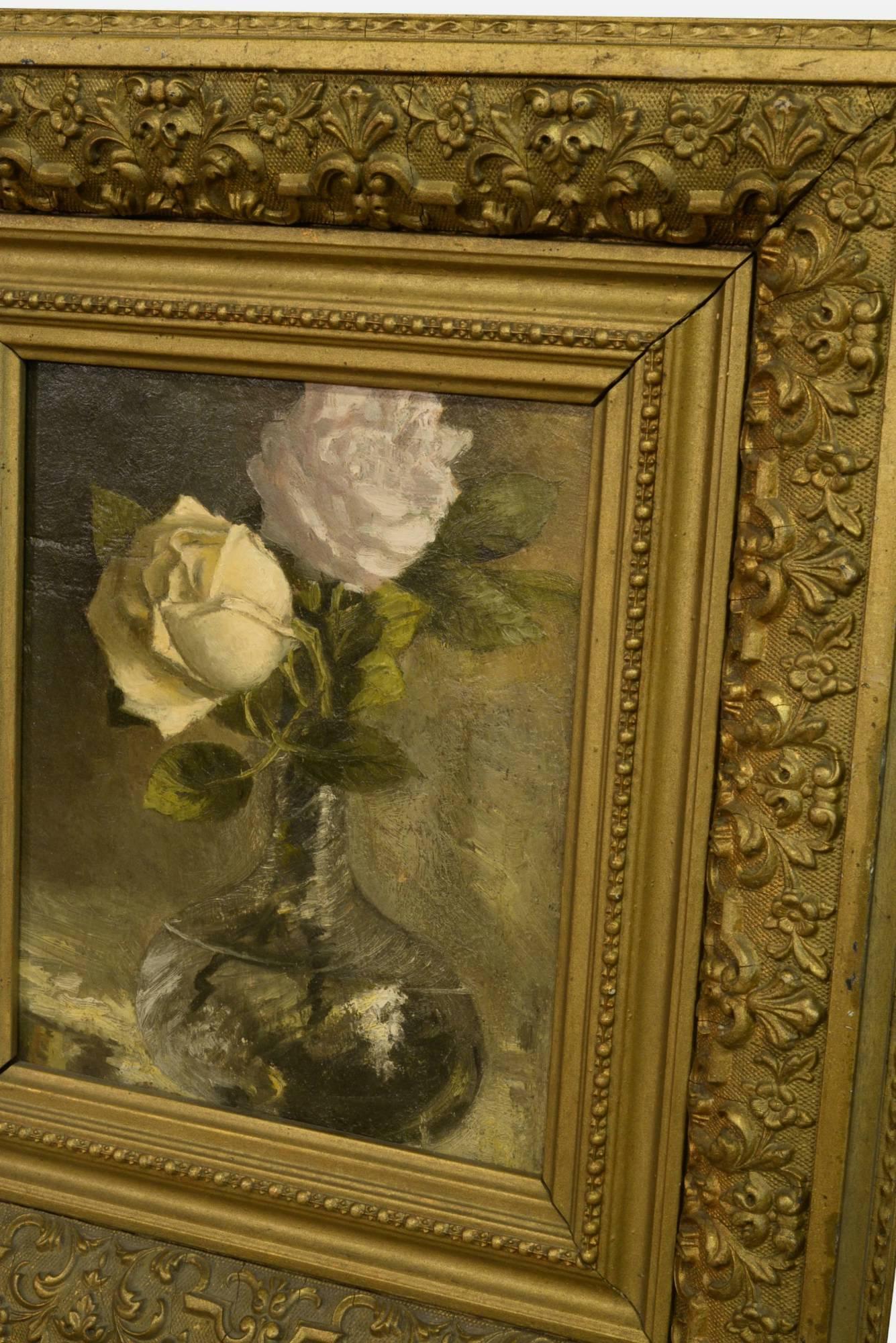 Oil on Panel of Roses in Vase In Excellent Condition For Sale In Salisbury, GB