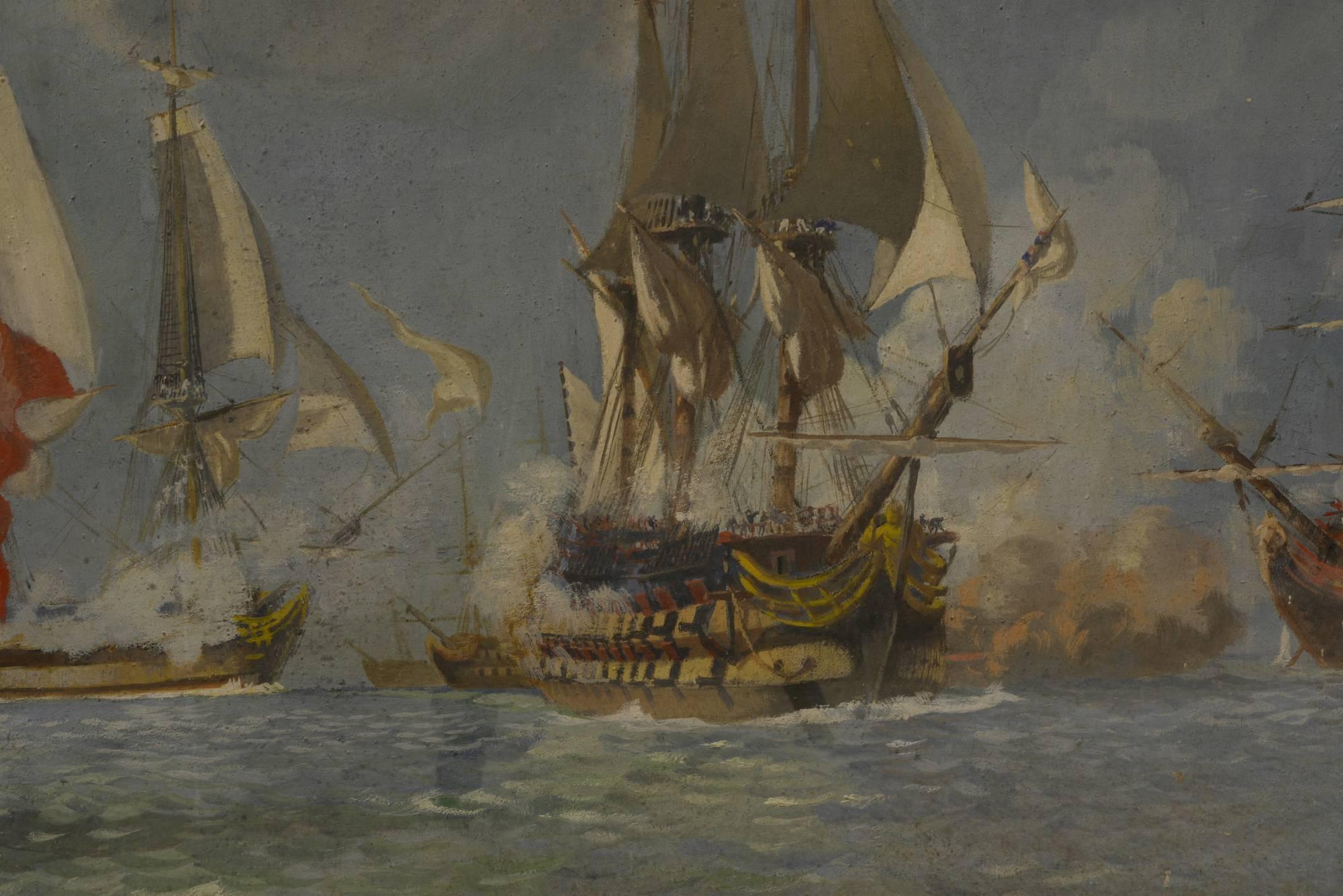 An oil painting on board of the Battle of Trafalgar, signed E. de Bertier and dated 1944.
 