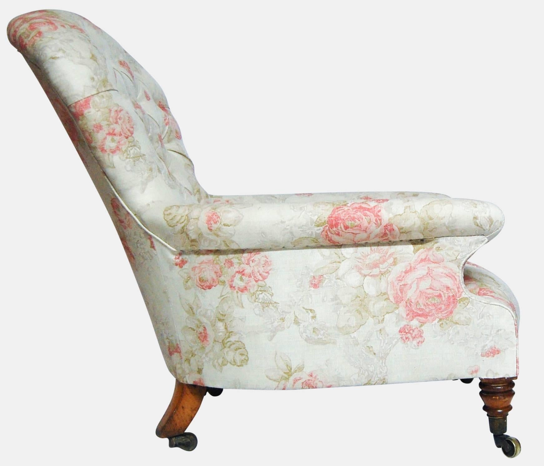 William IV period upholstered spoon back armchair with stain birch legs. 

By Miles and Edwards, London (trading between 1820 and 1840).
 