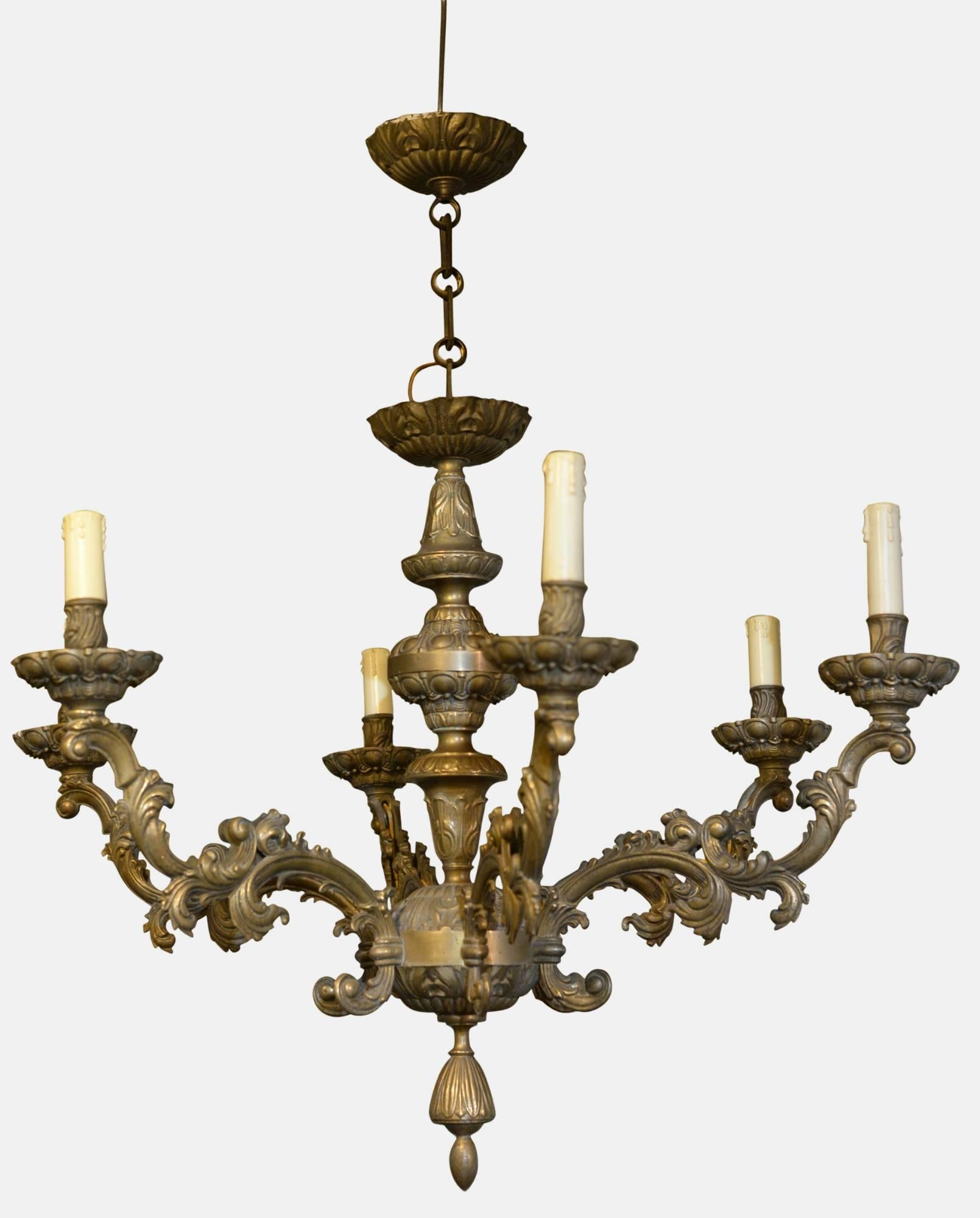 A heavy quality French cast brass six branch chandelier,

circa 1930.