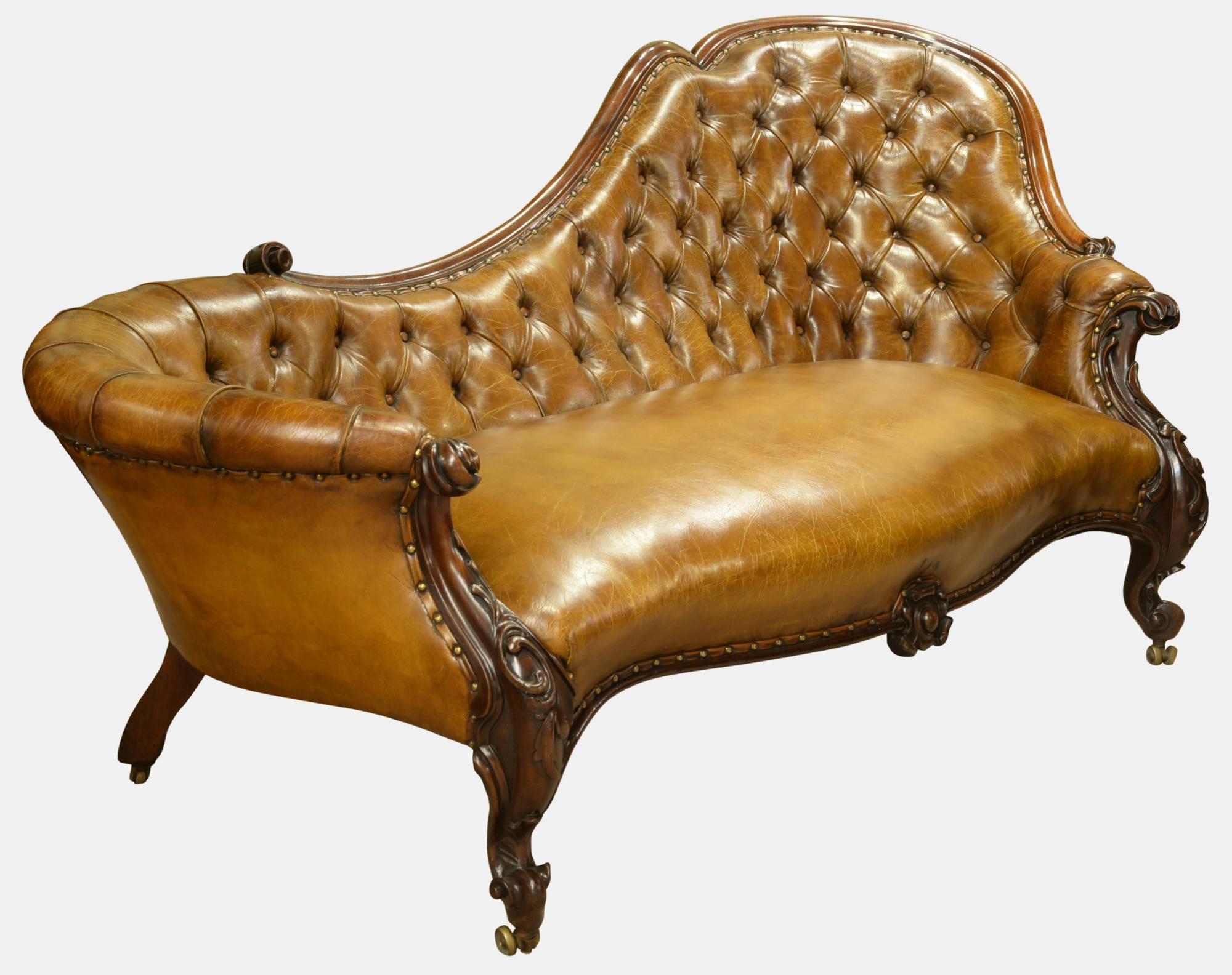 Deep Buttoned Chestnut Leather Chaise Longue In Excellent Condition For Sale In Salisbury, GB