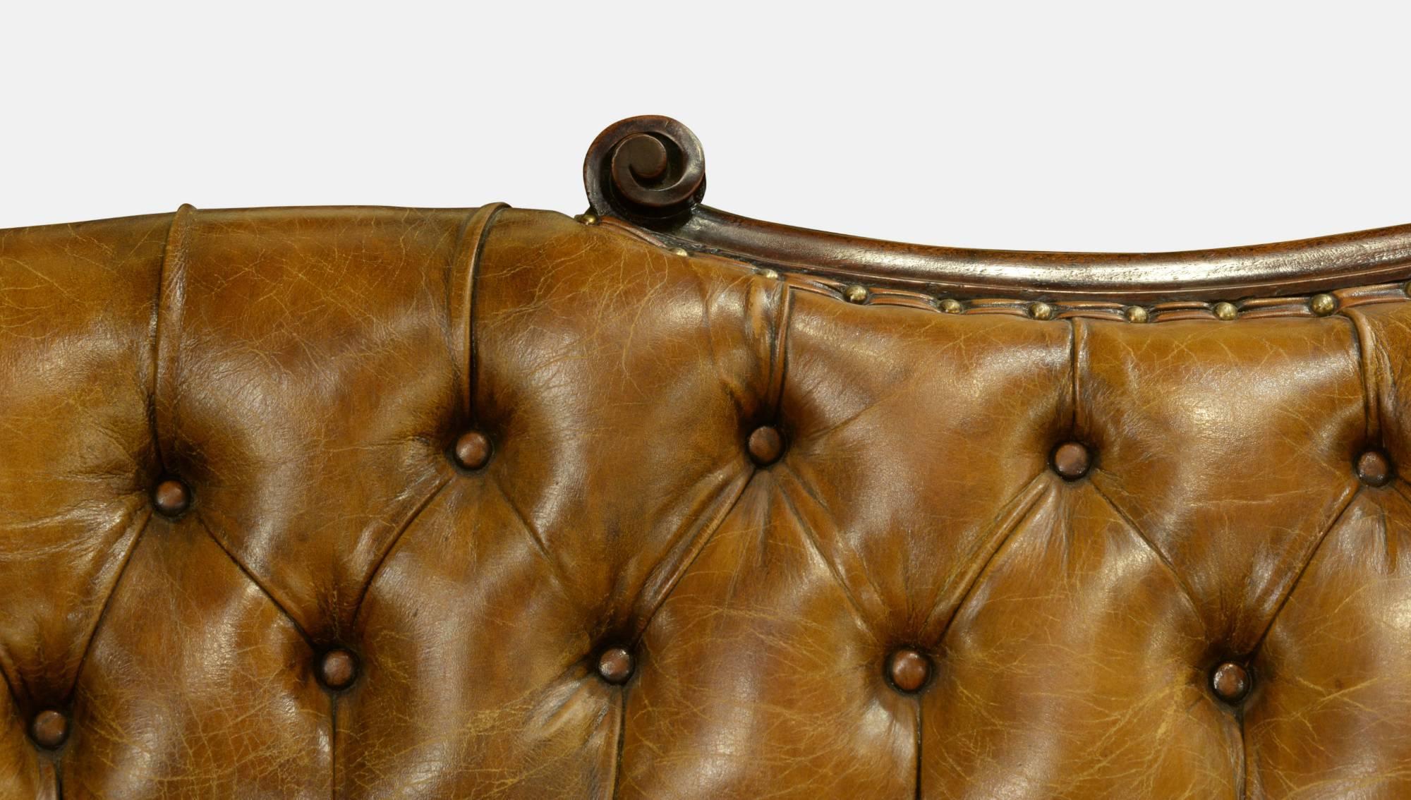 Deep Buttoned Chestnut Leather Chaise Longue For Sale 1