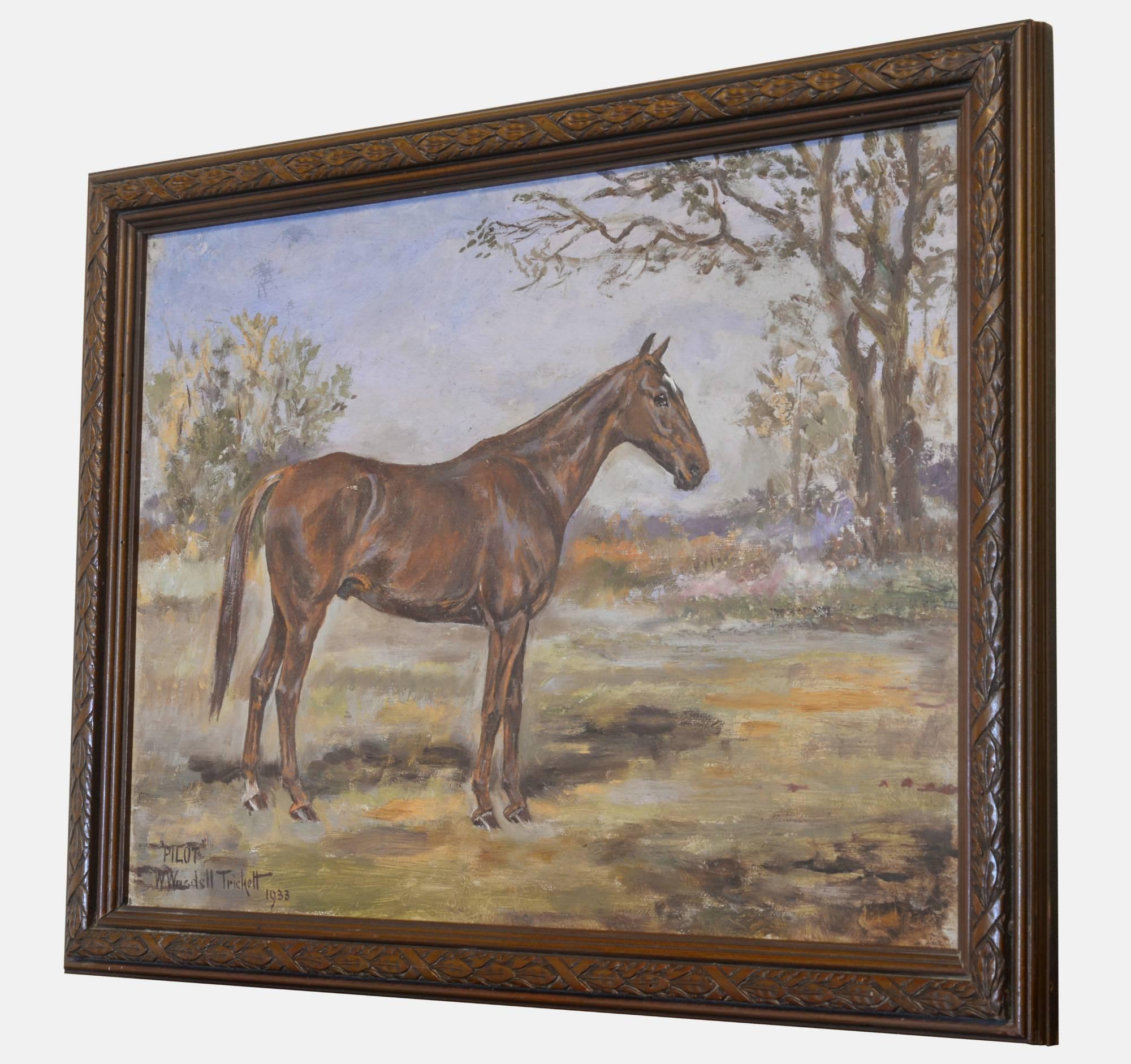 An oil on canvas equestrian painting of 'Pilot' in a landscape. By W. Wasdell Trickett.

Signed and dated 1933.