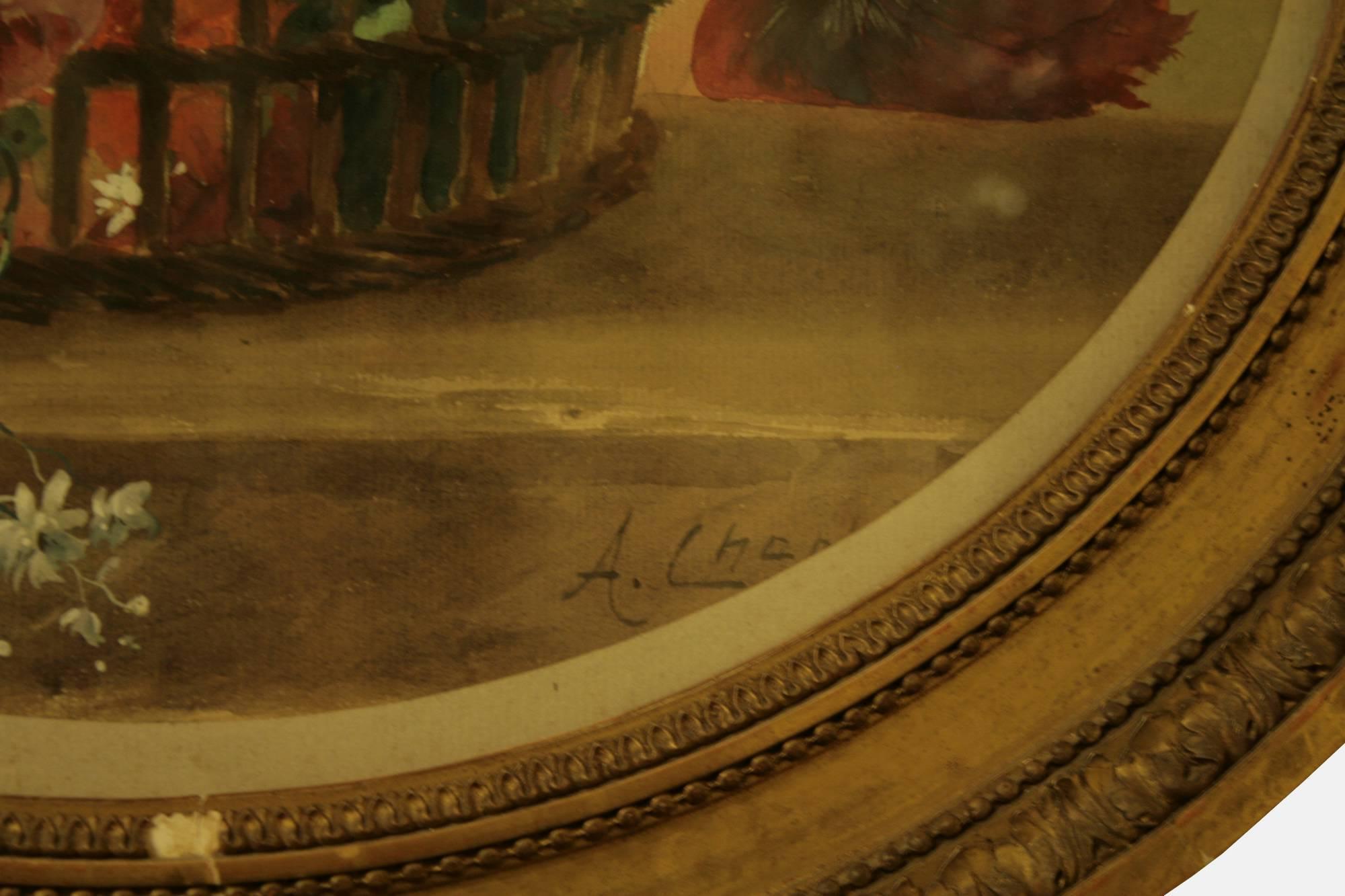 An oval watercolor of flowers, signed indistinctly.
In its original gilt frame, 
circa 1900

(Please note dimensions stated are from the sight size).