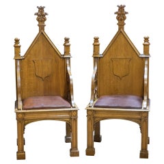 Antique Pair of Oak Gothic Throne Chairs