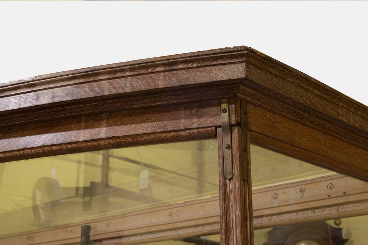 An excellent bow-fronted oak framed shop display cabinet with adjustable shelves and full width doors to the rear. Small damage to the base plinth,

circa 1910.
