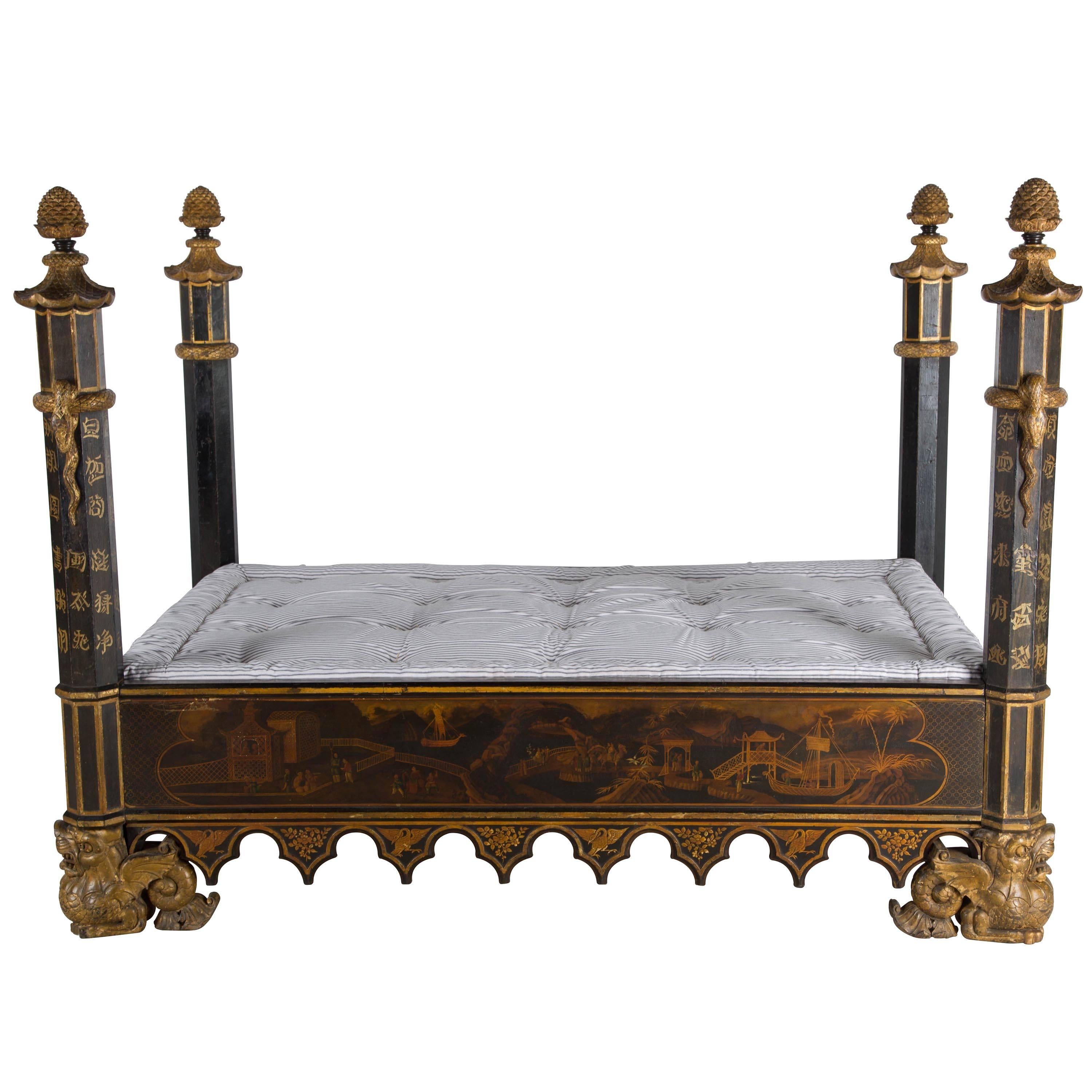 English Regency Four-Poster Chinoiserie Daybed