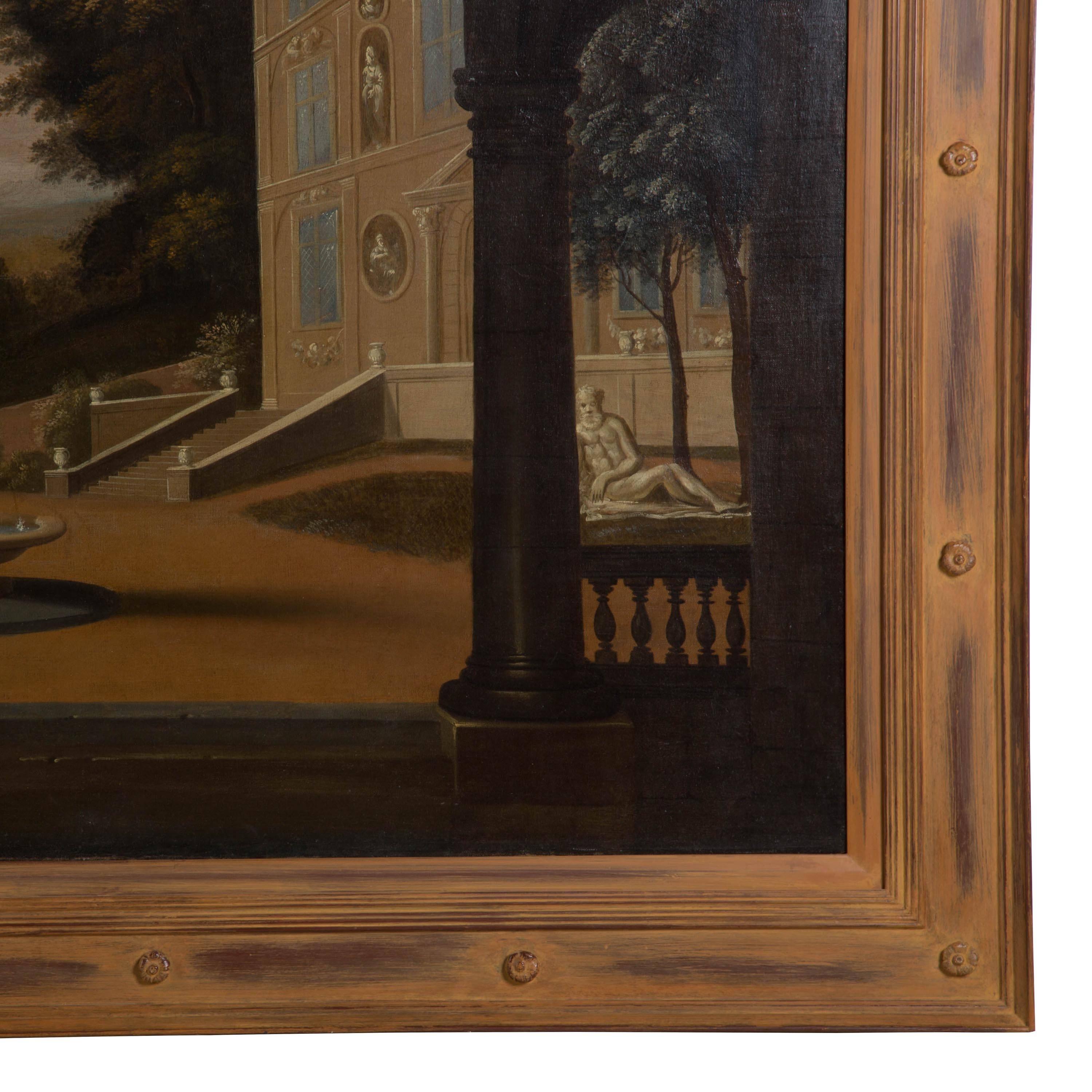 A very large and decorative old master painting, circa 1680. A palace courtyard with a village in the distance. Attributed to Thomas Hienitz. Later handmade frame. Oil on canvas.
