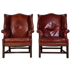 Antique Pair of Leather Wingback Armchairs