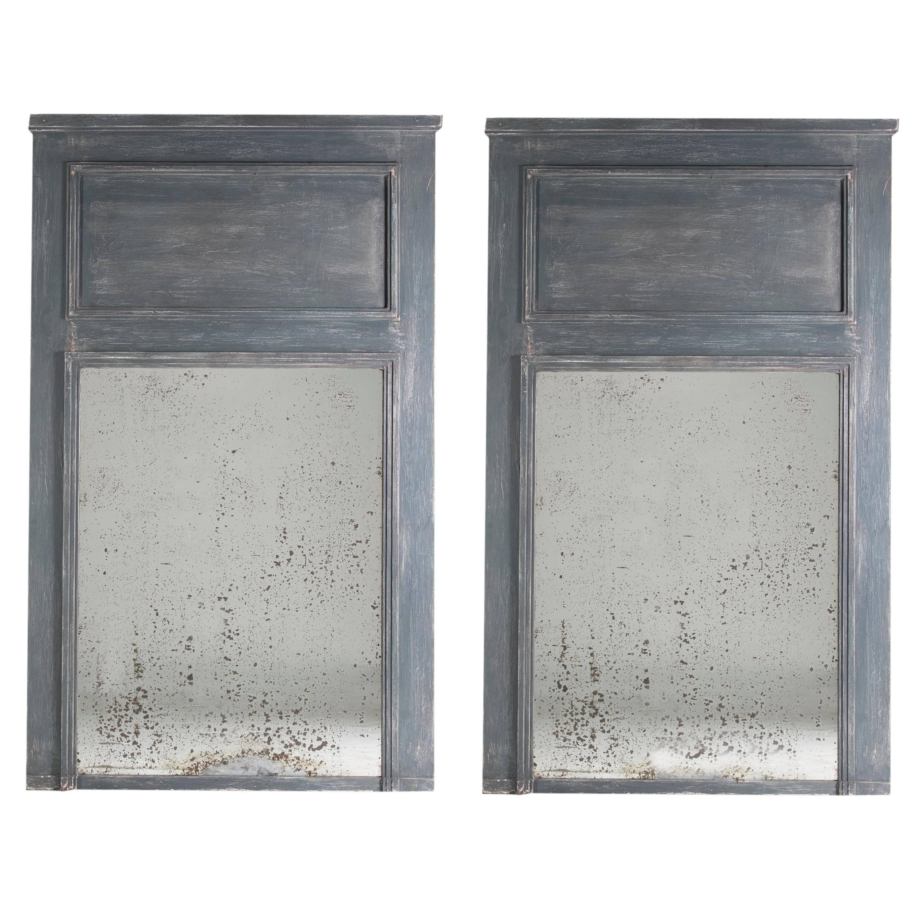 Pair of Grey Painted French Trumeau Mirrors, circa 1920s