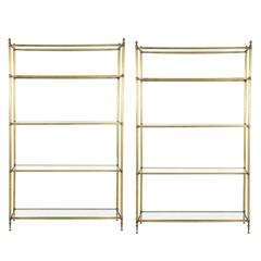 Rare Pair of Brass and Glass Display Shelves