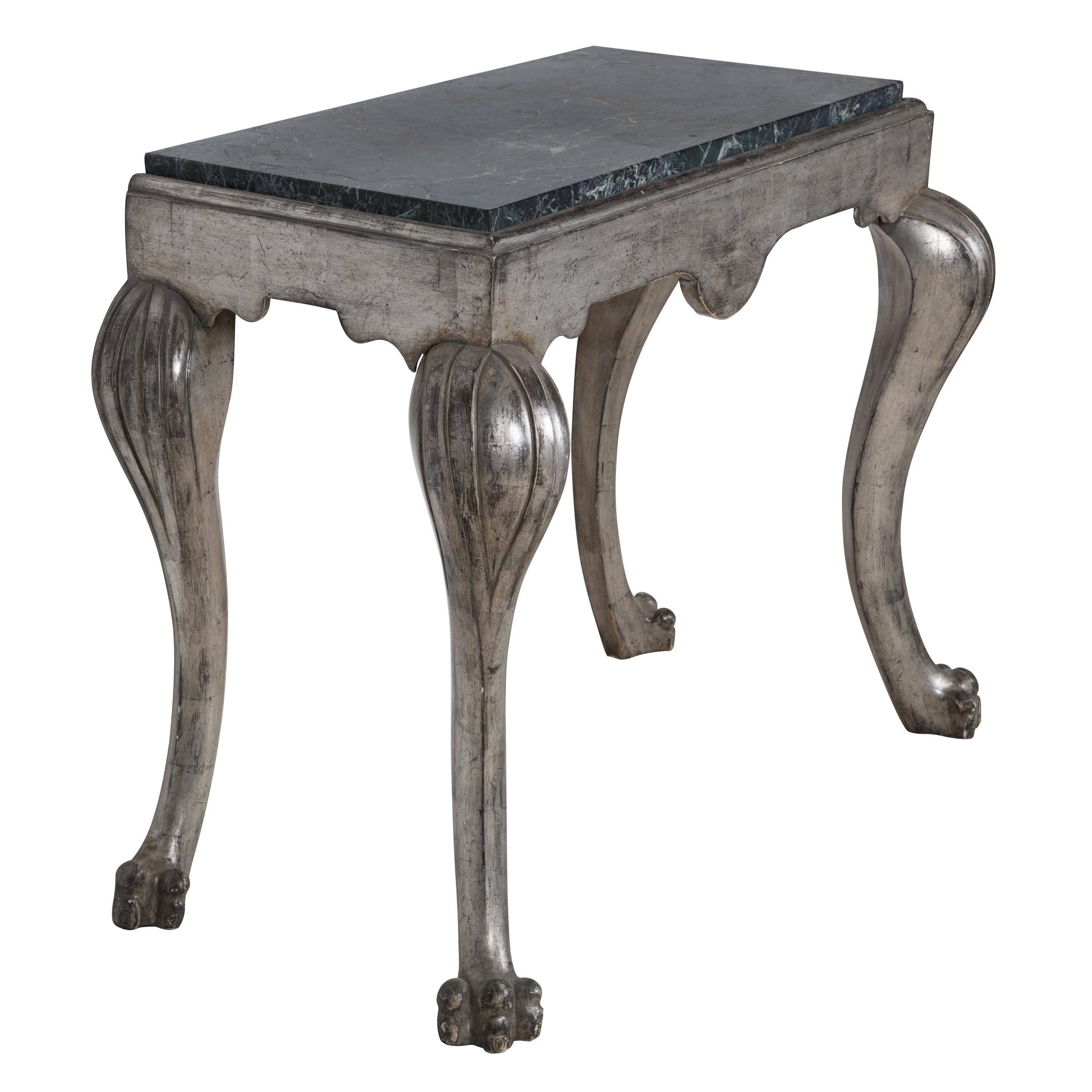 19th century Italian green marble top console table on silver gilt cab leg base.