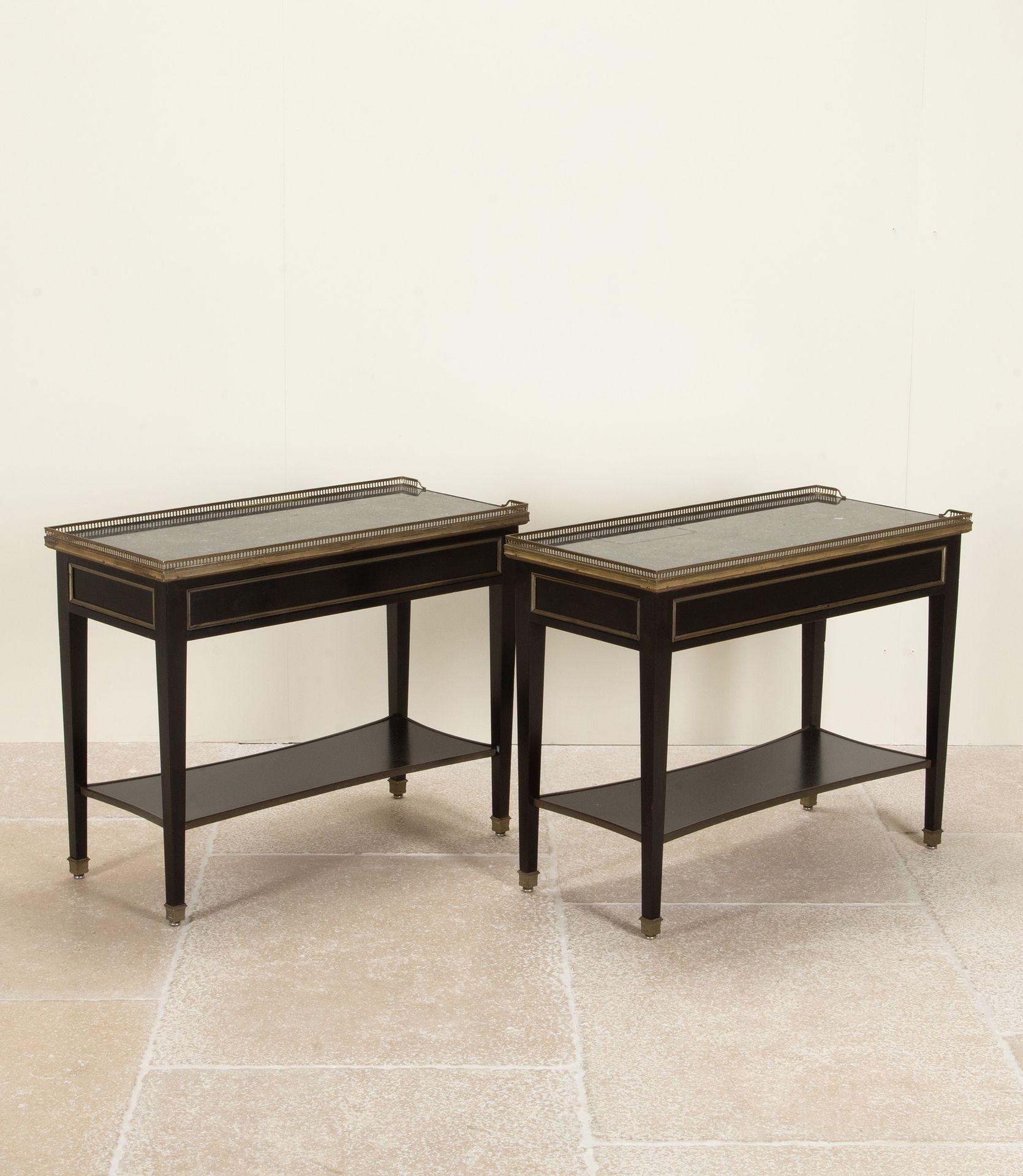 Ebonized Pair of 20th Century French Ebonised and Marble Side Tables For Sale