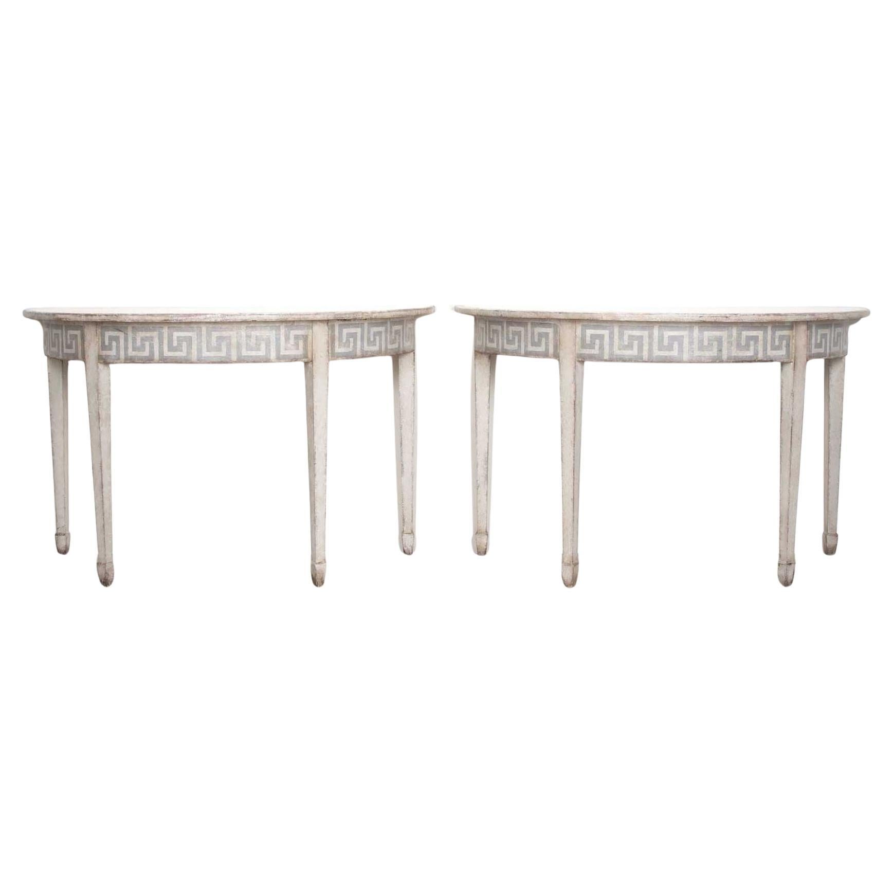 Pair of Late 19th Century Demi Lune Tables with Painted Greek Key Detail For Sale