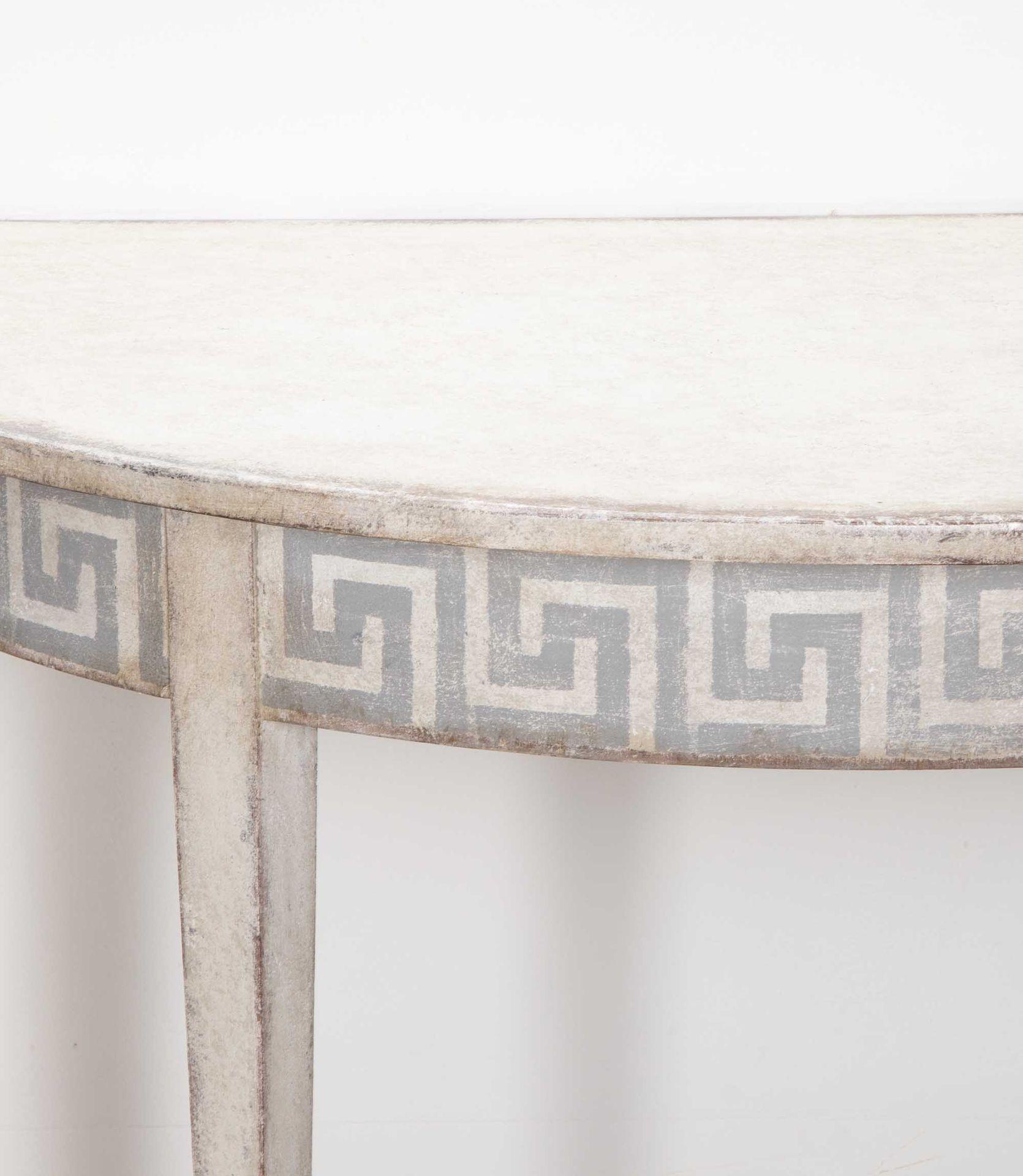 Swedish Pair of Late 19th Century Demi Lune Tables with Painted Greek Key Detail For Sale