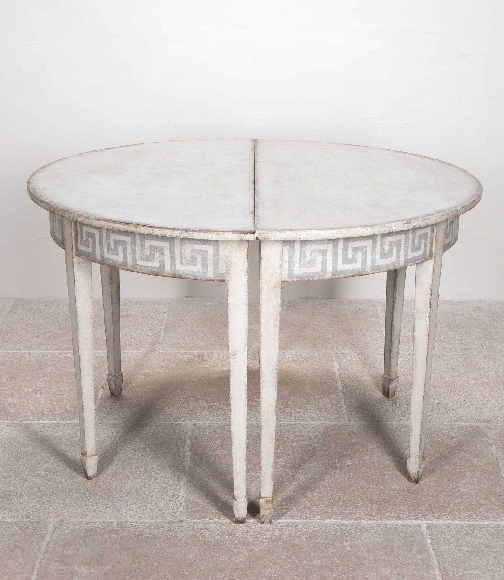 Gustavian Pair of Late 19th Century Demi Lune Tables with Painted Greek Key Detail For Sale