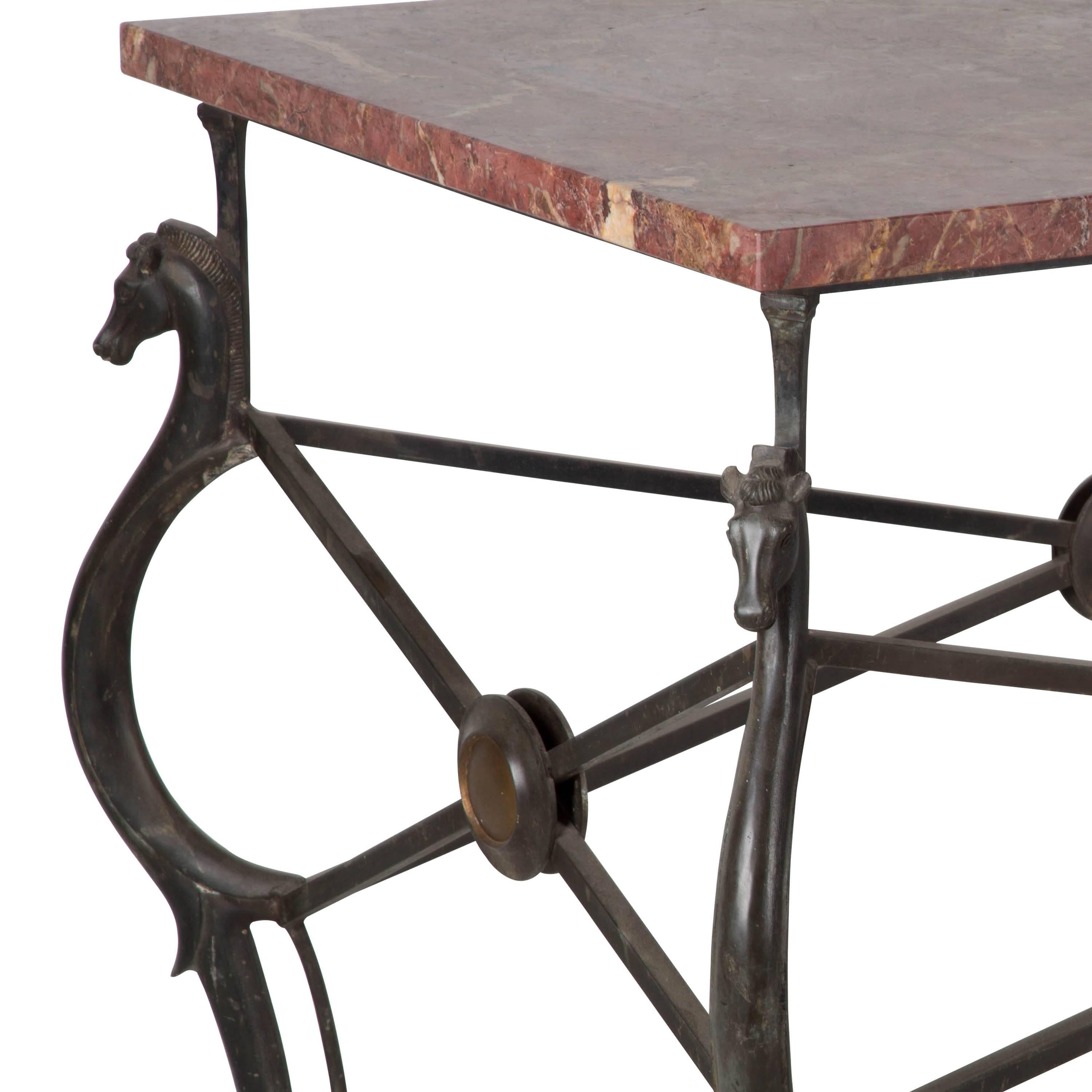 20th Century Horse Head Bronze Table with Rosso Imperio Marble Top