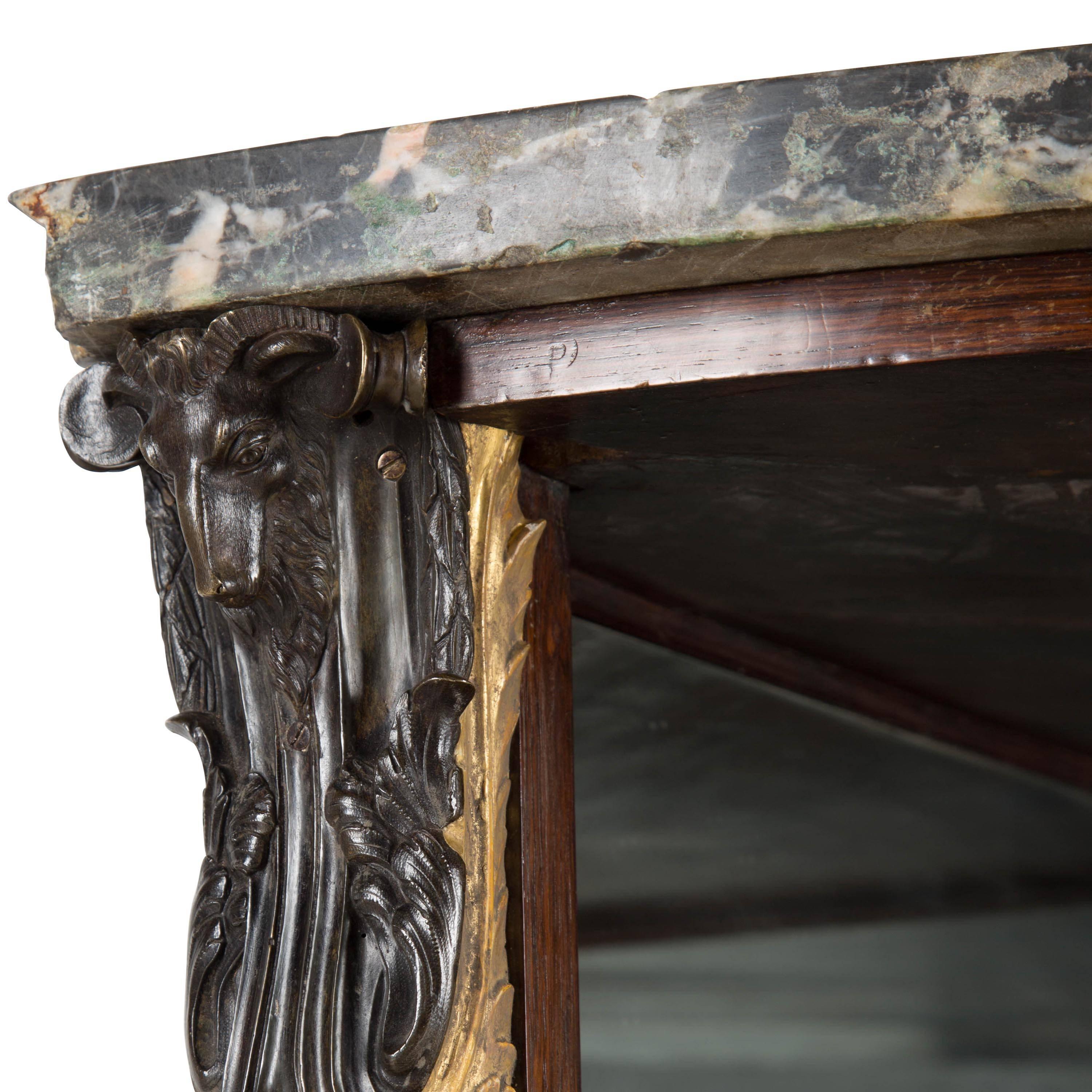Superb pair of Irish rosewood mirrored corner etageres with original marble tops, bronze and gilded bronze embellishments, circa 1830.
