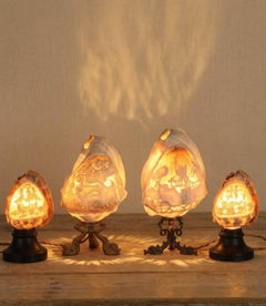 Set of Four 19th Century Italian Cameo Carved Conch Shell Lamps