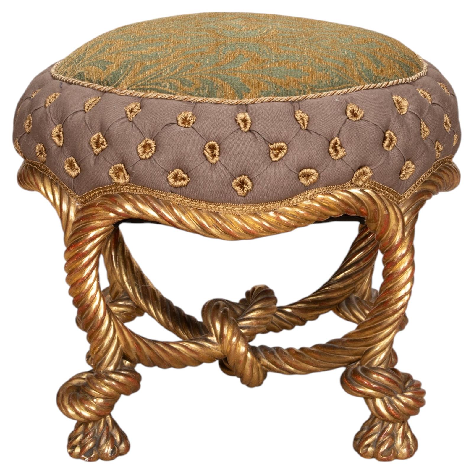 Taburete de estilo Napoleón III, de madera dorada, con tallado en forma de trenza