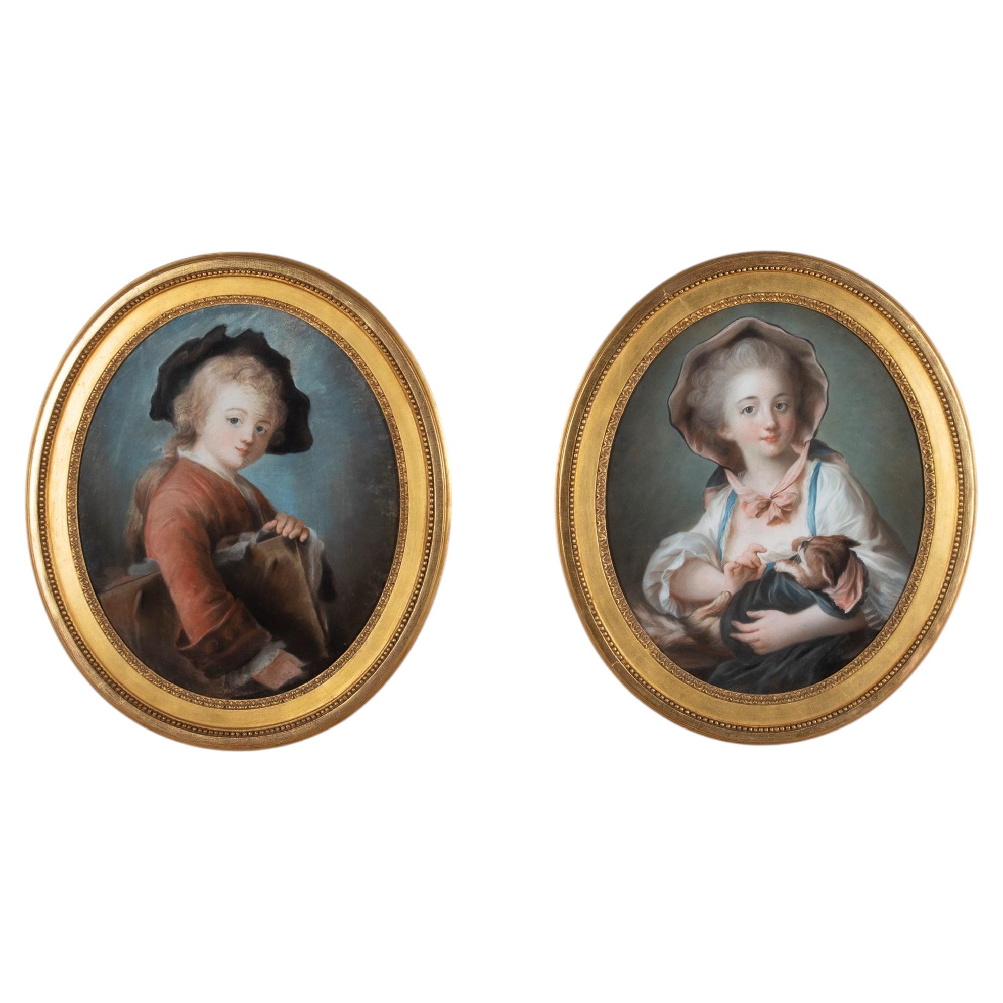 Paire de portraits français au pastel du XVIIIe siècle, d'après Jean-Baptiste Greuze (1725-18