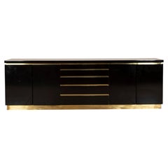 1970s French Black Lacquered High Gloss and Brass Sideboard by Jean Claude Mahey