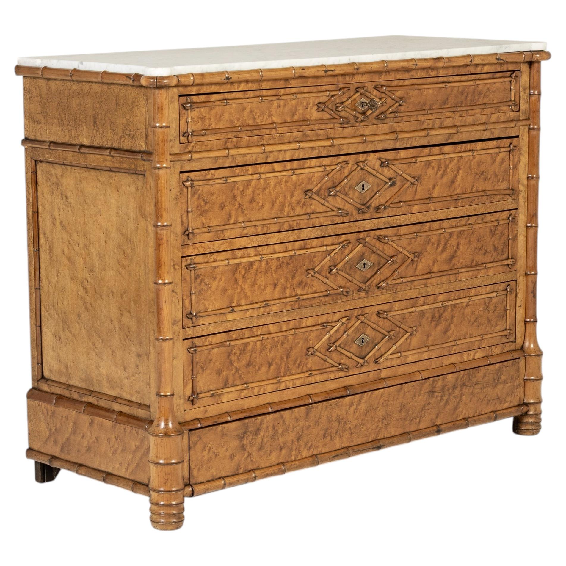 19th Century French Birds Eye Maple Faux Bamboo Commode For Sale