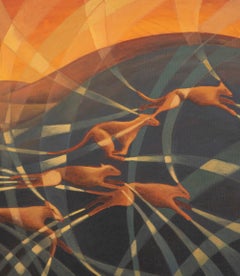 Contemporary English Art Deco Style Painting 'Sunset Dogs' by Vera Jefferson