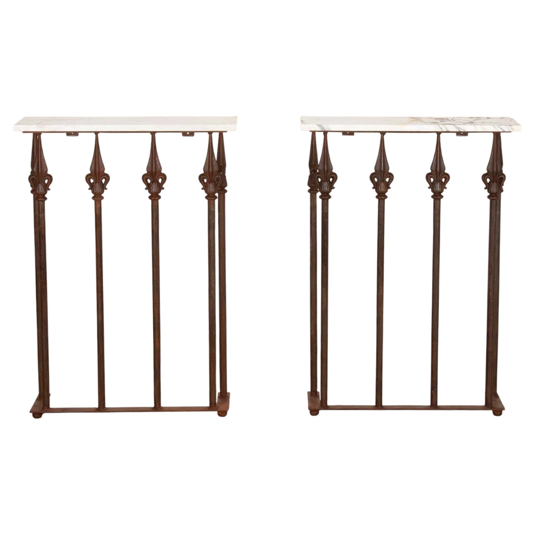 Pair of Early 20th Century English Iron and Marble Consoles For Sale