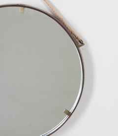 Pair of 1950s Italian Circular Cognac Coloured Leather and Rope Framed Mirrors