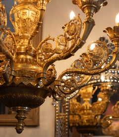 Large Pair of 20th Century English Cast Brass Ormolu Chandeliers