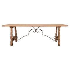 Early 20th Century Spanish Scrubbed Oak Refectory Table with Wrought Iron Stretc