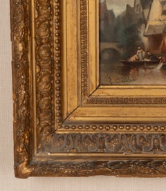 Piccolo dipinto continentale a olio su tavola della fine del XIX secolo raffigurante una scena lungo un canale