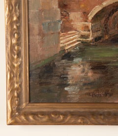 Dipinto a olio su tela raffigurante una scena lungo i canali di Venezia della metà del XX secolo